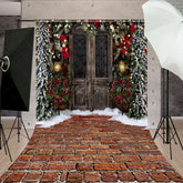 Lofaris Light Leaves Wood Door Brick Floor Xmas Backdrop
