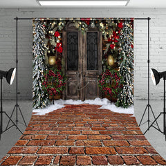 Lofaris Light Leaves Wood Door Brick Floor Xmas Backdrop
