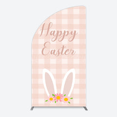 Lofaris Light Pink Plaid Floral Bunny Ear Easter Half Moon Arch Backdrop