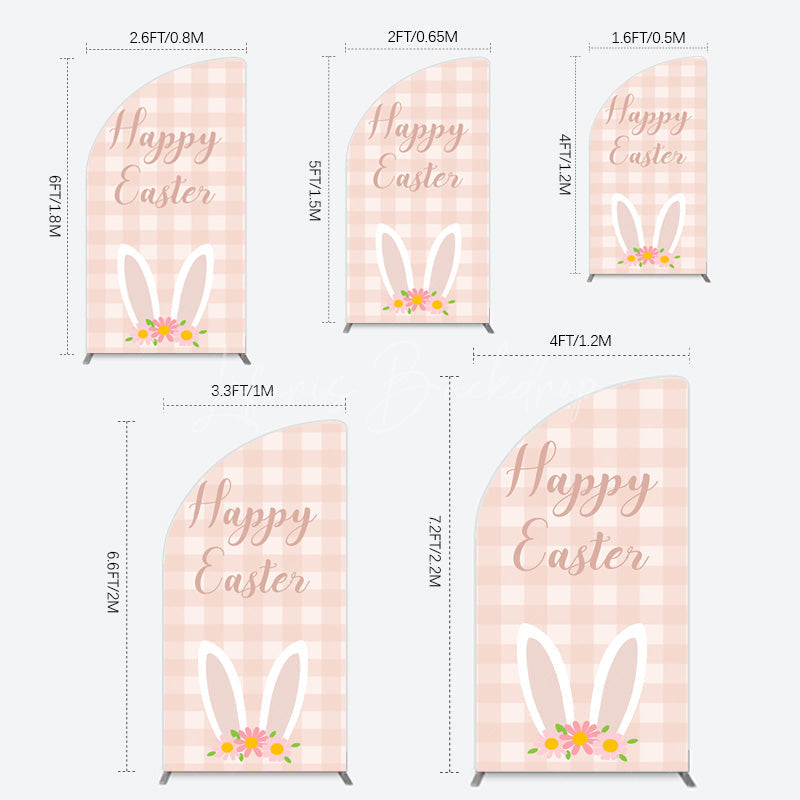 Lofaris Light Pink Plaid Floral Bunny Ear Easter Half Moon Arch Backdrop