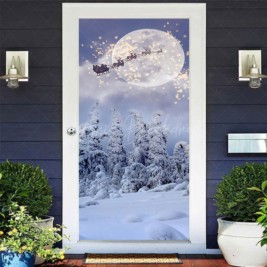 Lofaris Light Snowy Moon Night Elk Santa Christmas Door Cover