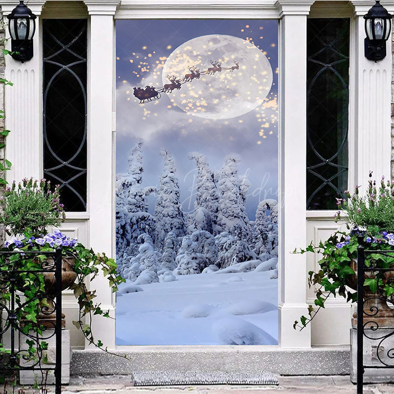Lofaris Light Snowy Moon Night Elk Santa Christmas Door Cover