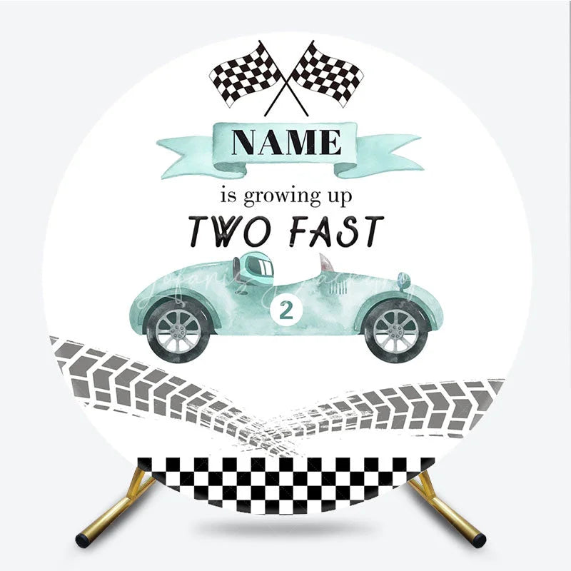 Lofaris Light Teal Vintage Race Car Two Fast Round Backdrop Checkered Flags Second Birthday Party Celebration