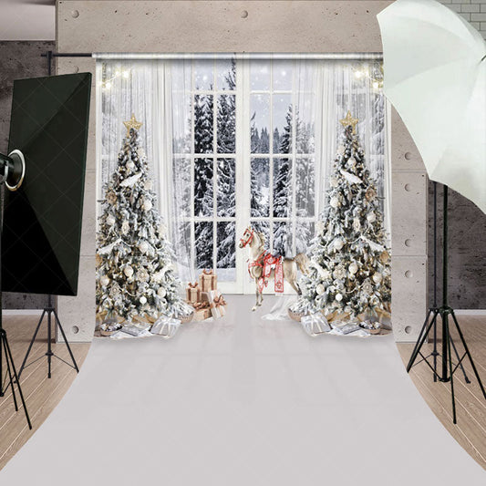 Lofaris Light White Window Forest Horse Christmas Backdrop