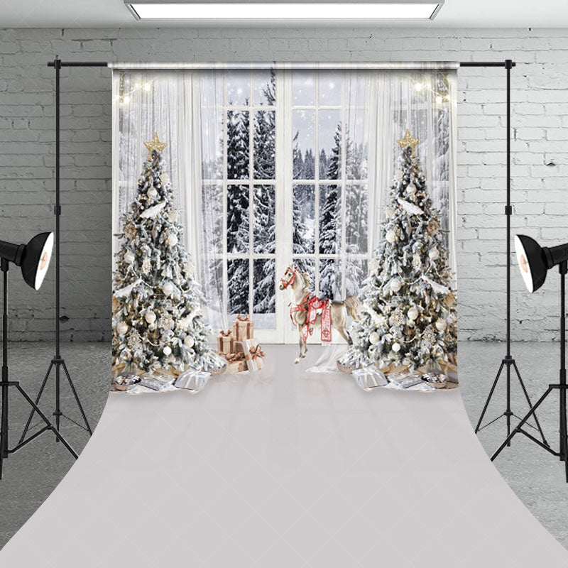 Lofaris Light White Window Forest Horse Christmas Backdrop