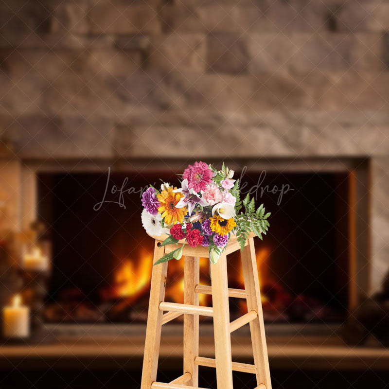 Lofaris Lighted Candles Brick Fireplace Photo Backdrop