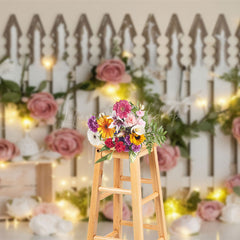 Lofaris Lighted White Fence Pink Rose Wedding Photo Backdrop