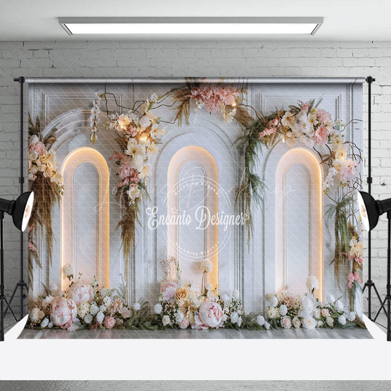 Lofaris Lighted White Wall Romantic Floral Wedding Backdrop