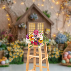 Lofaris Lighted Wood Cabin Colorful Floral Easter Backdrop
