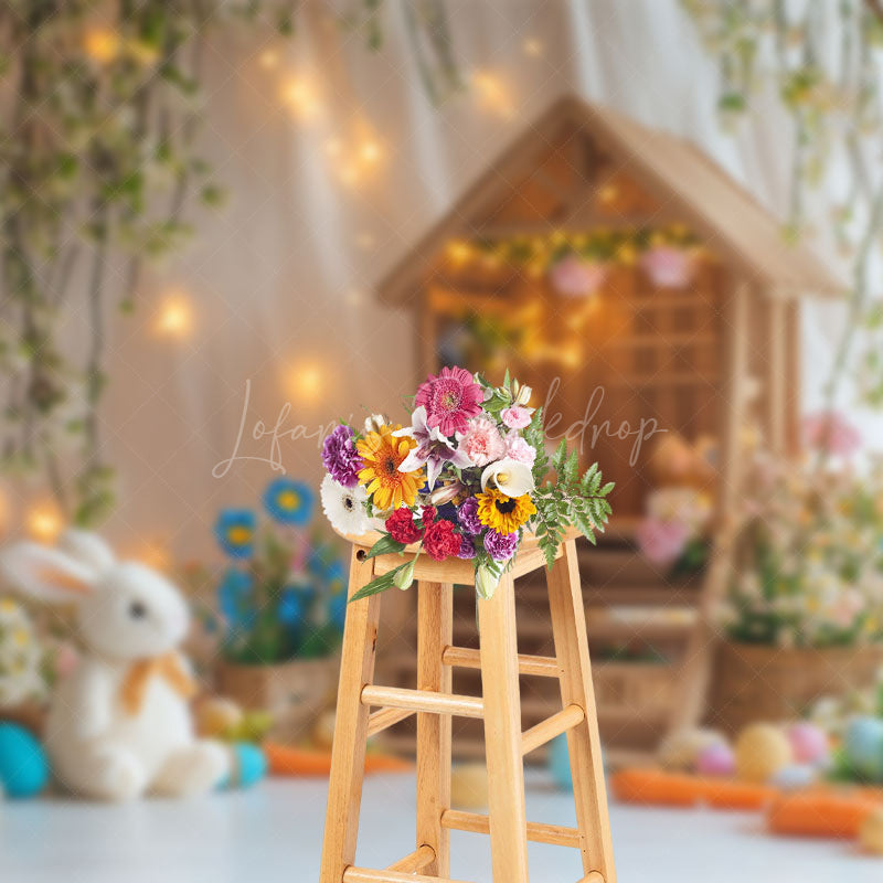 Lofaris Lighted Wood House Colorful Egg Floral Bunny Backdrop