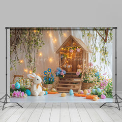 Lofaris Lighted Wood House Colorful Egg Floral Bunny Backdrop