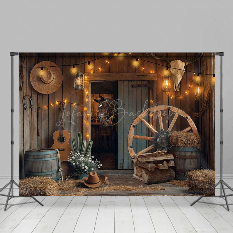 Lofaris Lighted Wooden Barn Horse Cowboy Cake Smash Backdrop