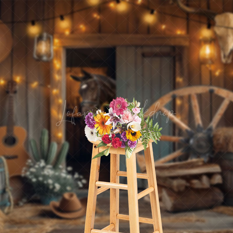 Lofaris Lighted Wooden Barn Horse Cowboy Cake Smash Backdrop