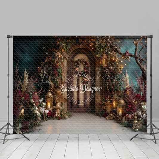 Lofaris Lighted Wooden Door Plant Wreath Christmas Backdrop