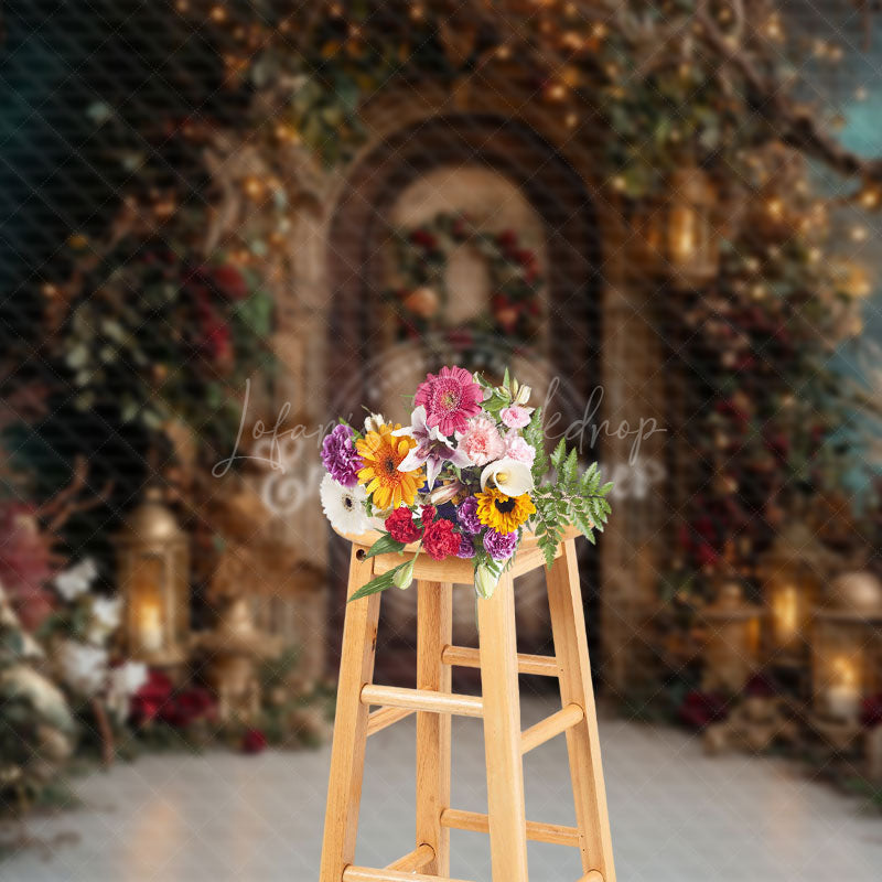 Lofaris Lighted Wooden Door Plant Wreath Christmas Backdrop