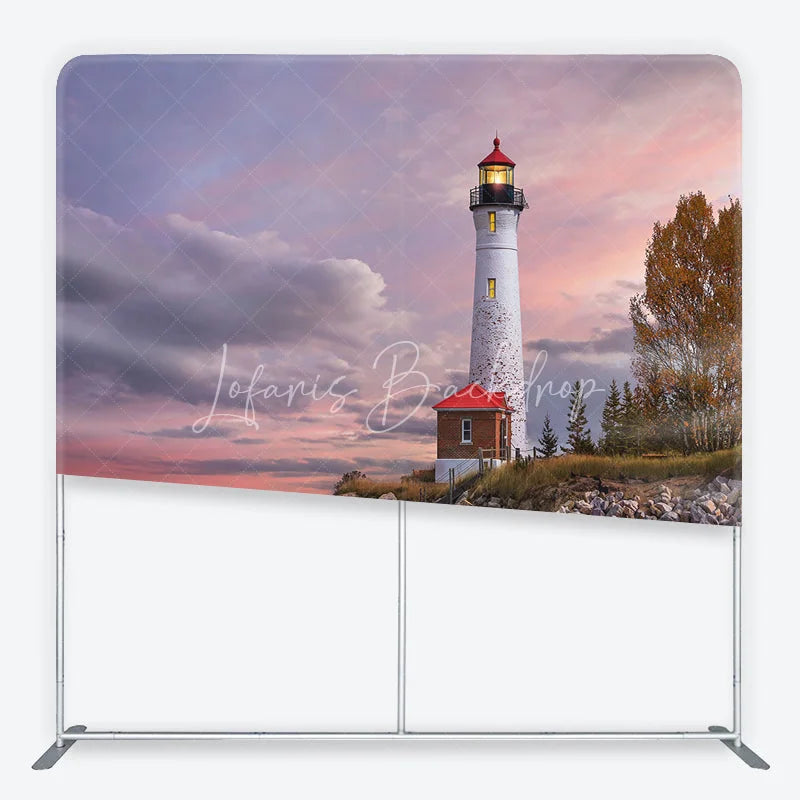 Lofaris Lighthouse Beach Sunset with Pink Purple Sky Autumn Trees Coastal Square Double-Sided Backdrop
