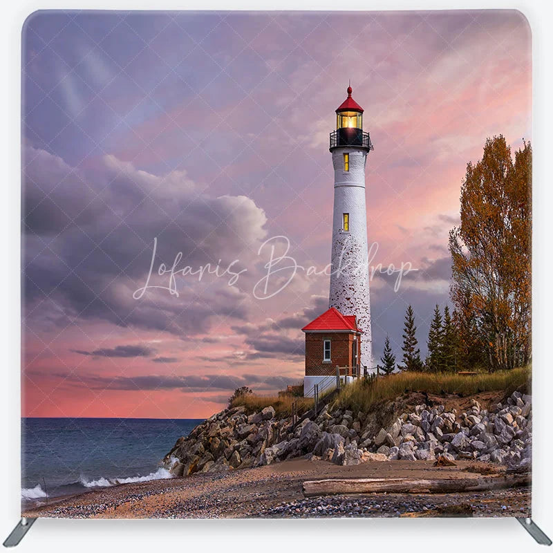 Lofaris Lighthouse Beach Sunset with Pink Purple Sky Autumn Trees Coastal Square Double-Sided Backdrop