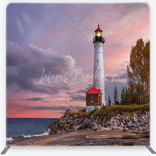Lofaris Lighthouse Beach Sunset with Pink Purple Sky Autumn Trees Coastal Square Double-Sided Backdrop