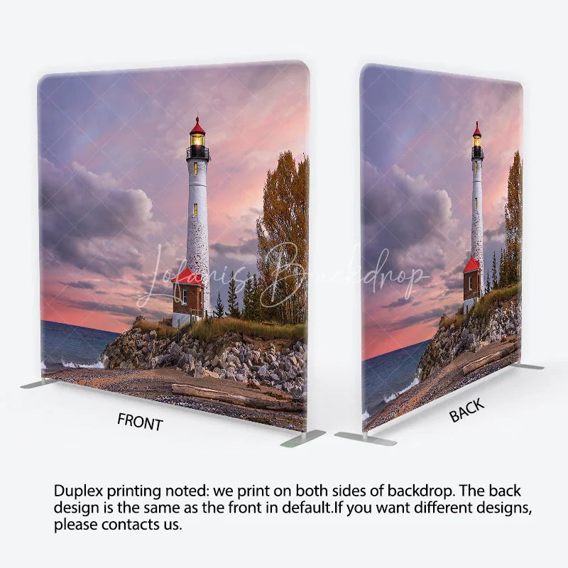 Lofaris Lighthouse Beach Sunset with Pink Purple Sky Autumn Trees Coastal Square Double-Sided Backdrop