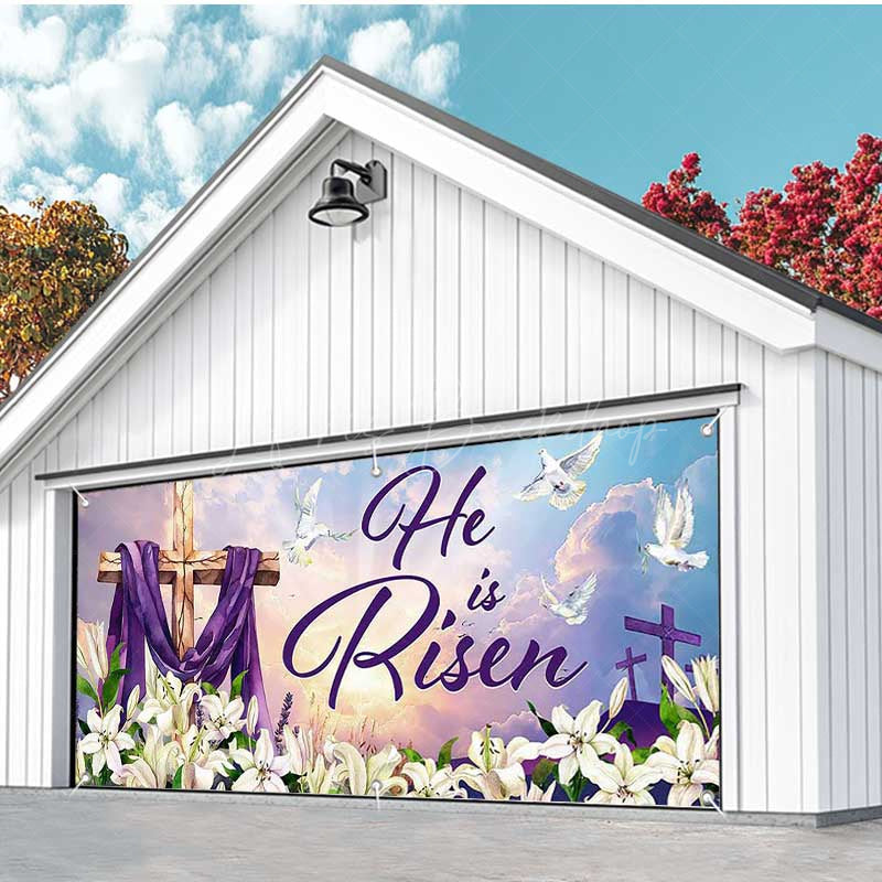 Lofaris Lily He Is Risen Cross Easter Garage Door Banner