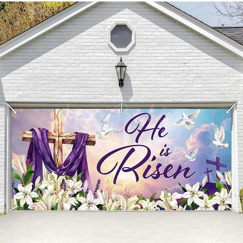 Lofaris Lily He Is Risen Cross Easter Garage Door Banner