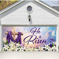Lofaris Lily He Is Risen Cross Easter Garage Door Banner
