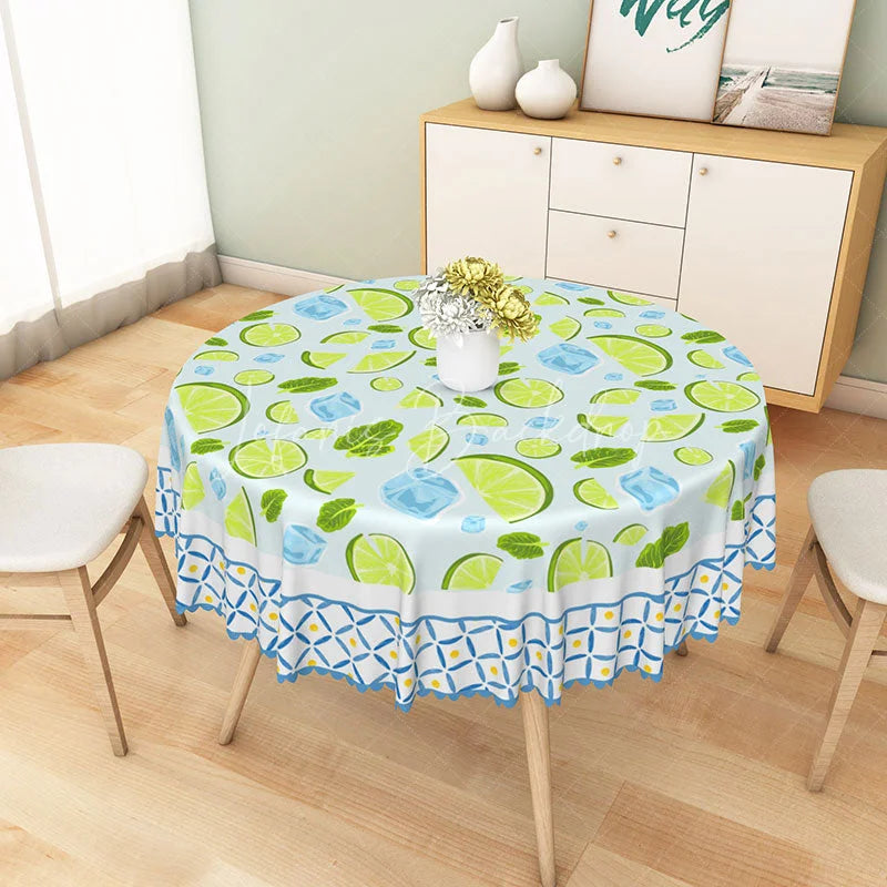 Lofaris Lime Slices Mint and Ice Cubes Pattern Round Tablecloth Fresh Summer Drink Kitchen Decor
