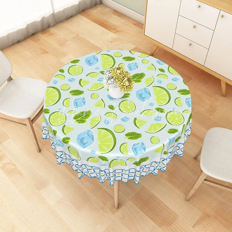 Lofaris Lime Slices Mint and Ice Cubes Pattern Round Tablecloth Fresh Summer Drink Kitchen Decor