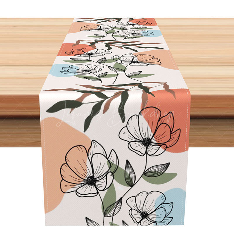 Lofaris Line Carving Style Floral Table Runner Abstract Botanical with Flowers and Grass Modern Minimalist Kitchen Decor