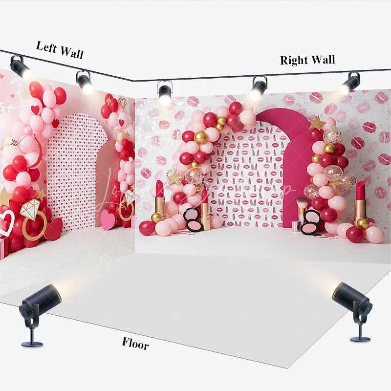 Lofaris Lipstick Kiss Marks Room Set Backdrop Red Pink Balloons and Diamond Ring Spa Party Background