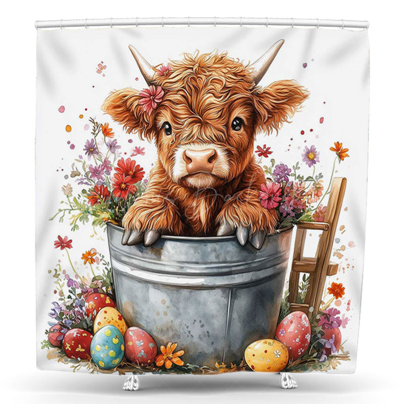 Lofaris Little Cow Drum Floral Eggs Easter Shower Curtain