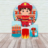 Lofaris Little Firefighter Birthday Round Backdrop Kit Fireman at the Fire Station Boys Future Hero Party Photo Prop