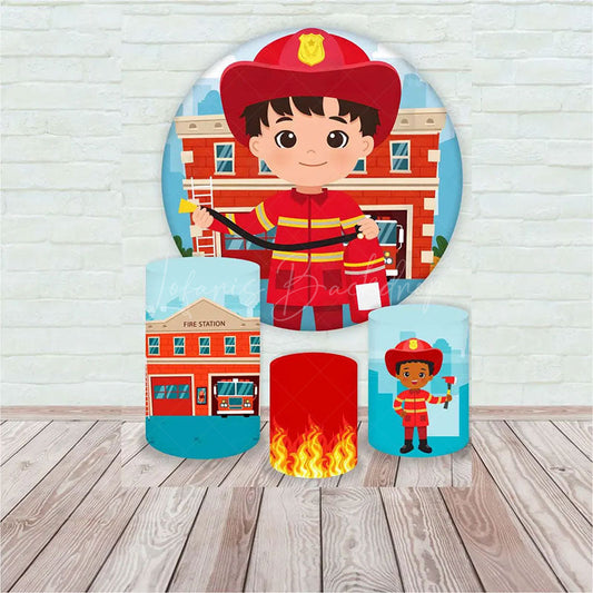 Lofaris Little Firefighter Birthday Round Backdrop Kit Fireman at the Fire Station Boys Future Hero Party Photo Prop