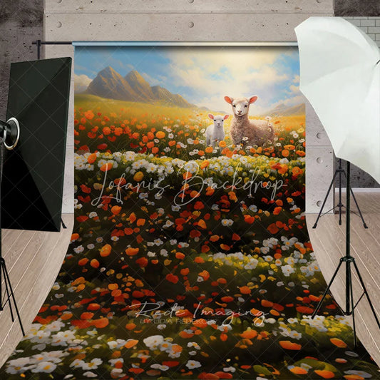 Lofaris Little Lambs in Poppy Field Backdrop Spring Mountain Landscape and Wildflowers Scene Nature Photography Background