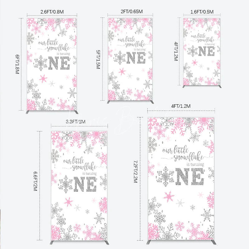 Lofaris Little Snowflake 1st Birthday Rectangle Backdrop Pink Silver Winter Girl