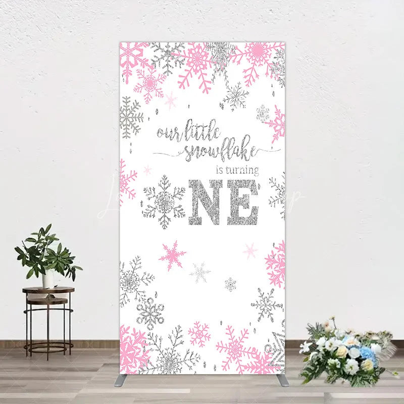 Lofaris Little Snowflake 1st Birthday Rectangle Backdrop Pink Silver Winter Girl