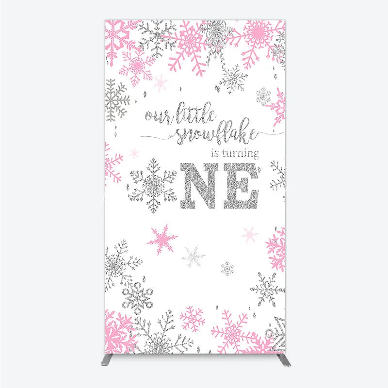 Lofaris Little Snowflake 1st Birthday Rectangle Backdrop Pink Silver Winter Girl