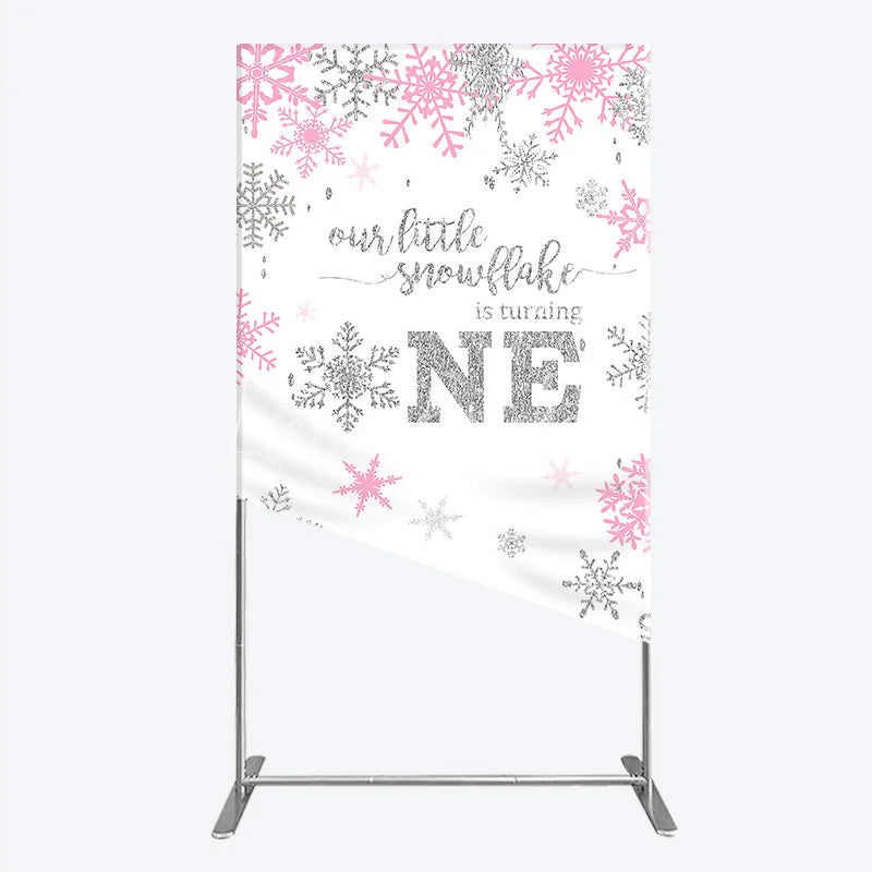 Lofaris Little Snowflake 1st Birthday Rectangle Backdrop Pink Silver Winter Girl