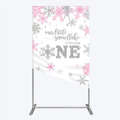 Lofaris Little Snowflake 1st Birthday Rectangle Backdrop Pink Silver Winter Girl