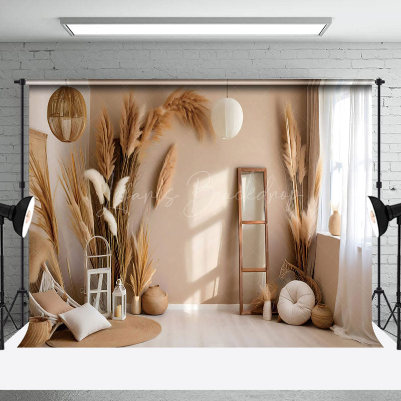 Lofaris Log Style Boho Pampas Grass Window Light Backdrop