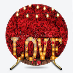 Lofaris LOVE Round Backdrop Red Rose Wall and Marquee Letter Light Background Romantic Wedding Valentines Day Decor