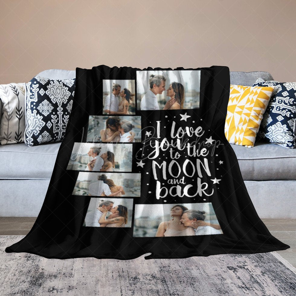 Lofaris Love You To The Moon Back Black Custom Photo Blanket
