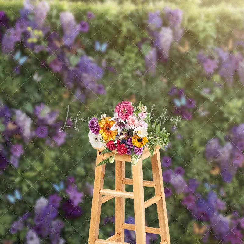 Lofaris Lush Green Foliage and Purple Flowers Photography Backdrop Vibrant Butterflies Garden Party Decor
