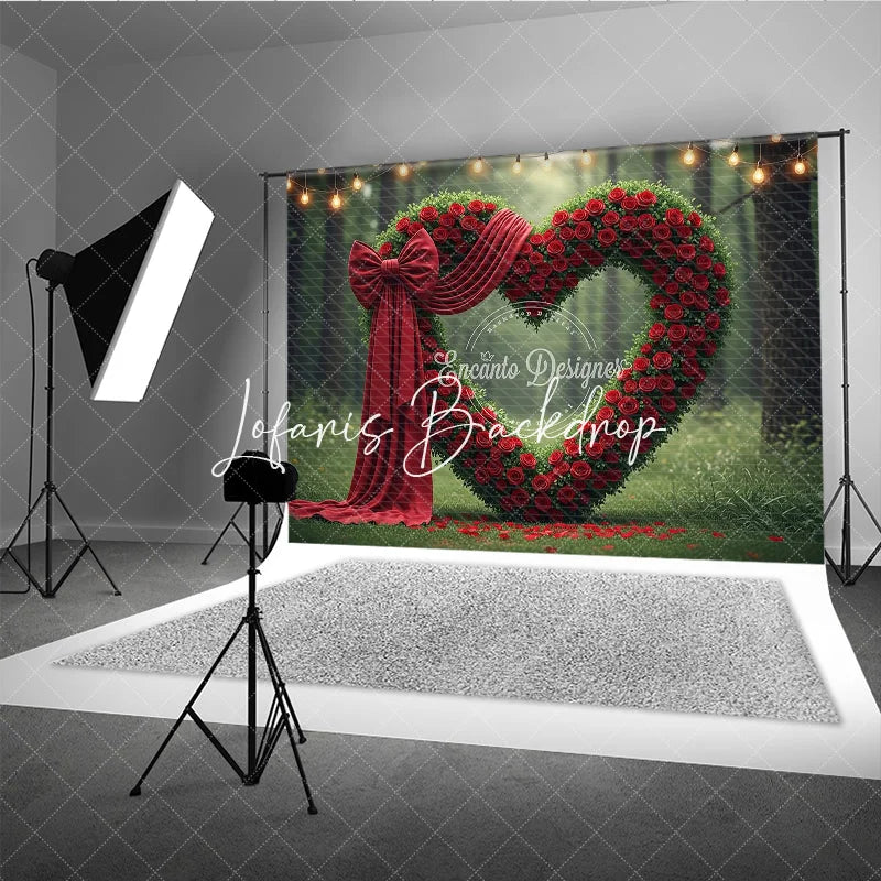 Lofaris Lush Green Foliage and Red Rose Heart Arch Bow Photography Backdrop Romantic Forest Celebration with String Lights