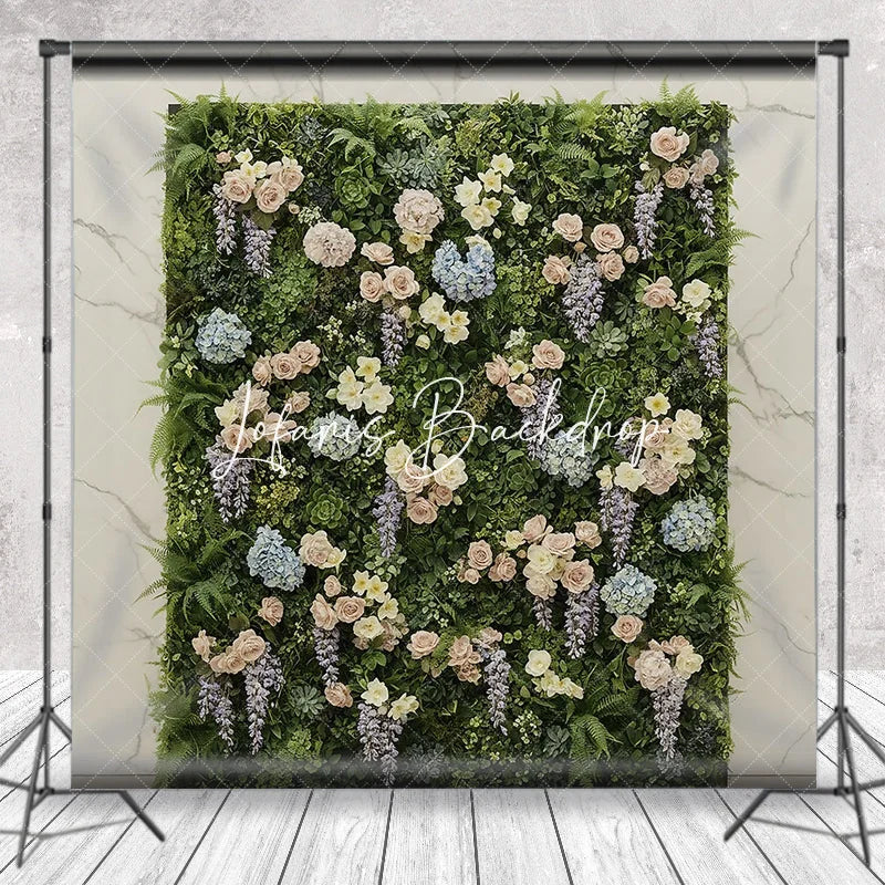 Lofaris Lush Green Foliage Floral Photography Backdrop with Pink Roses Blue Hydrangeas and Purple Wisteria Wedding Party Decor