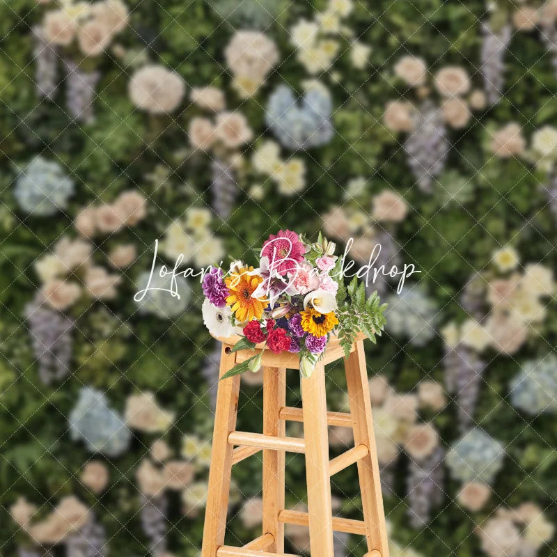 Lofaris Lush Green Foliage Floral Photography Backdrop with Pink Roses Blue Hydrangeas and Purple Wisteria Wedding Party Decor
