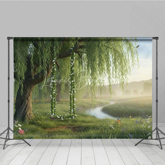 Lofaris Lush Green Willow Tree Photography Backdrop with Floral Swing Serene River and Spring Meadow Scene
