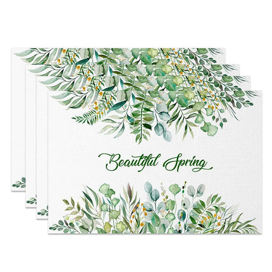 Lofaris Lush Greenery Spring Set of 4 Placemats Green Leaf Border and Beautiful Text Dining Table Mats
