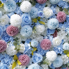 Lofaris Lush Light Blue and White Artificial Flower Wall with Pink Roses Hydrangeas Elegant Event Decor for Parties