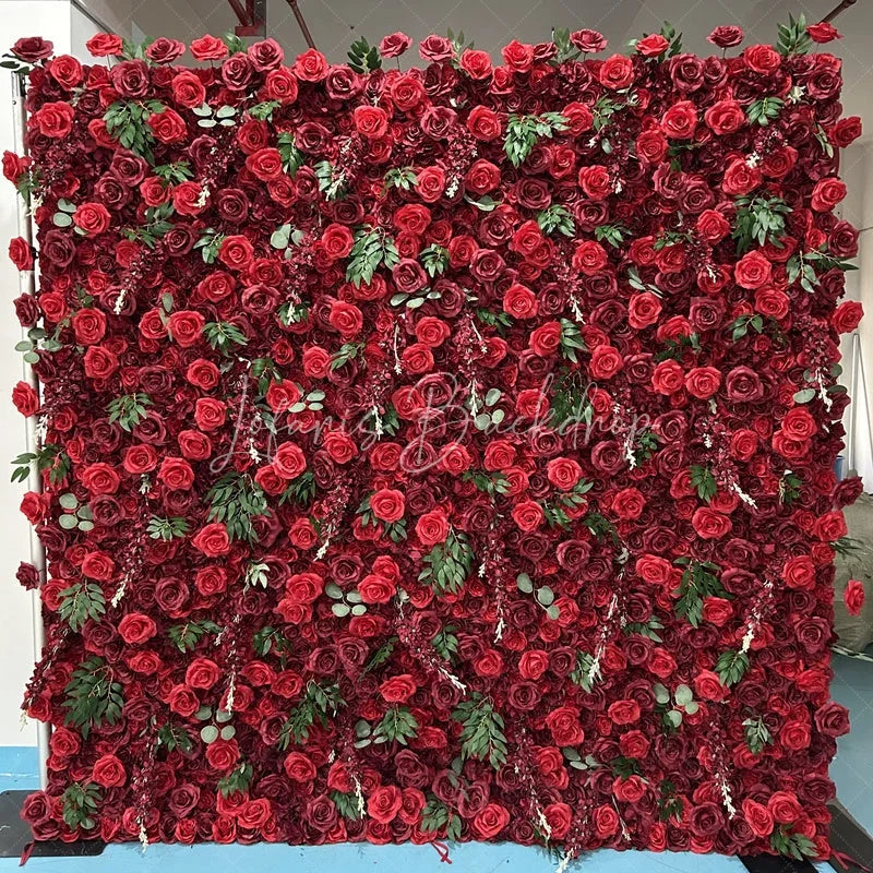 Lofaris Lush Red Rose Artificial Flower Wall with Green Leaves Elegant Romantic Wedding and Party Backdrop Decor
